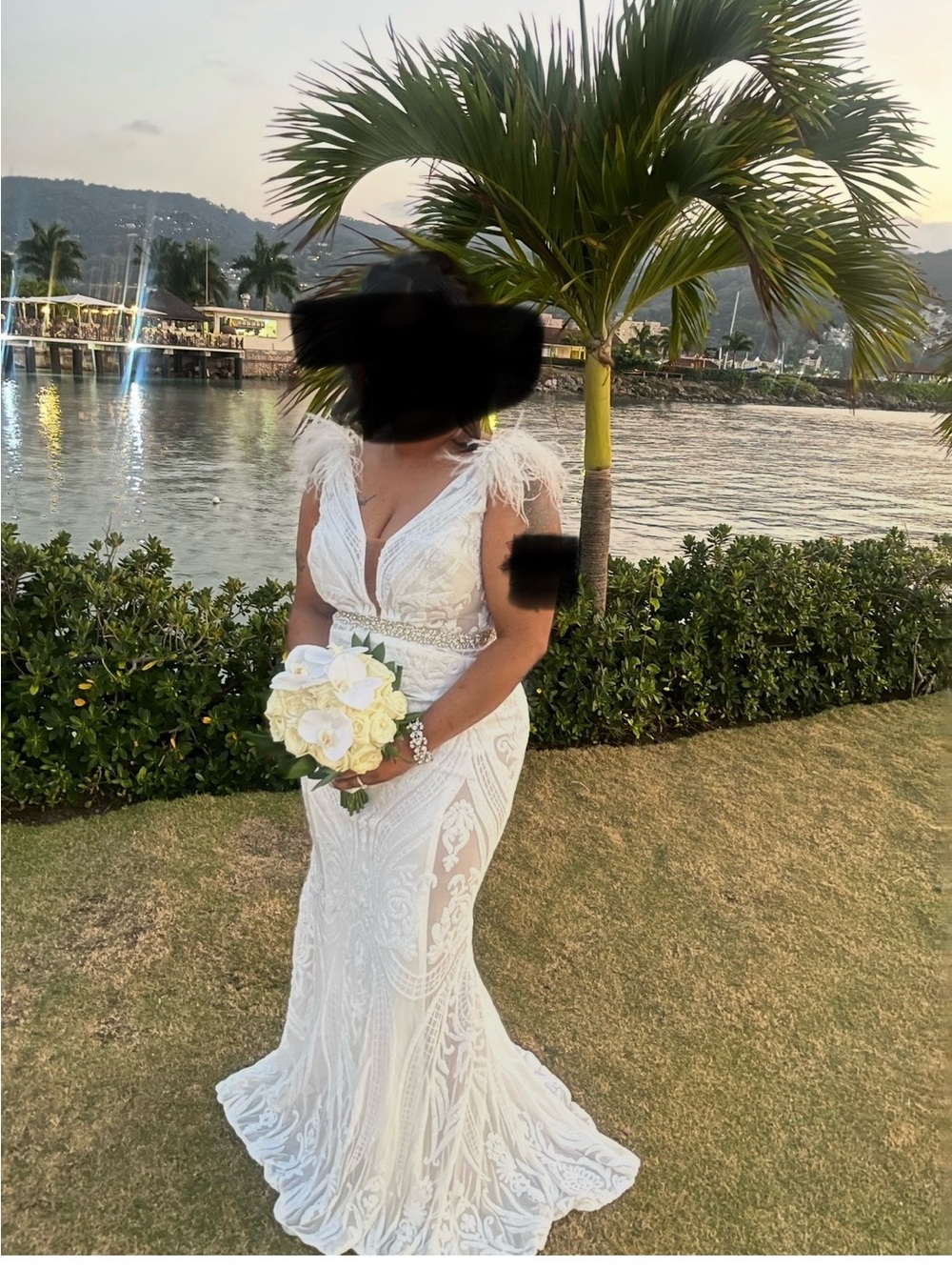 Camille La Vie Ivory Lace V-Neck Bridal Gown with Feathered Cap Sleeves